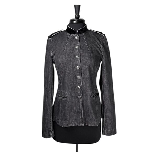 Ralph Lauren Womens Jacket 6 Gray Denim Military Black Velvet Metal Button LRL - Picture 1 of 11